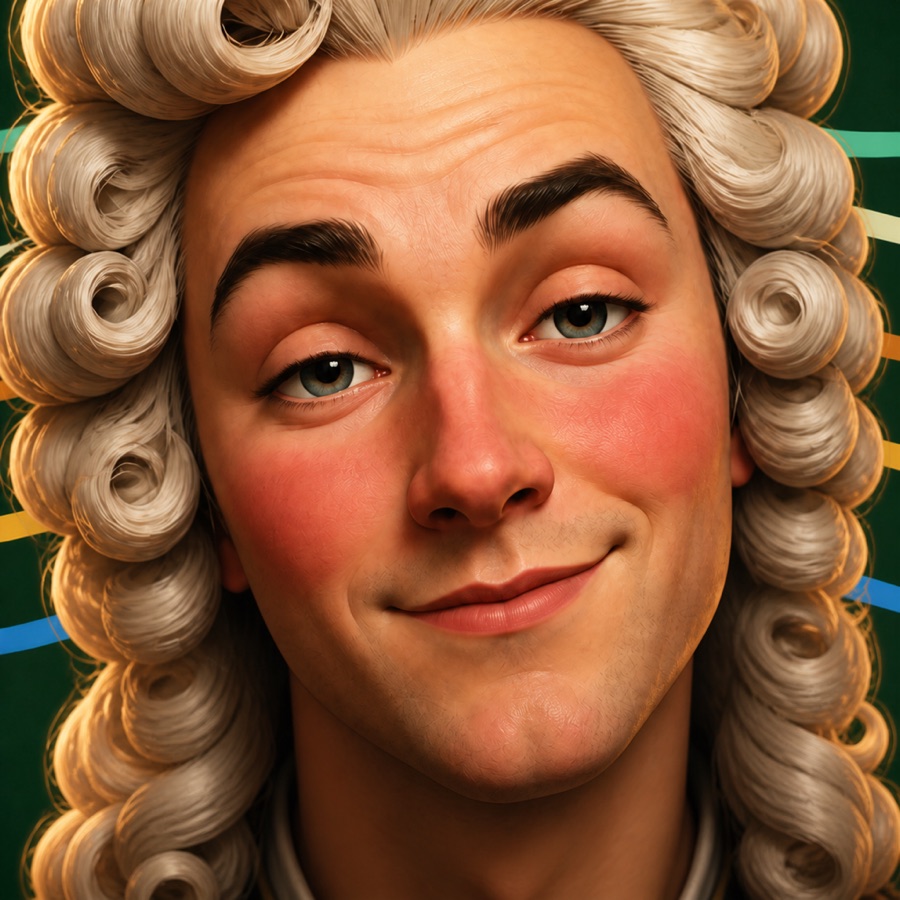 Close-up of the icon: young Bach, flushed cheeks, half-smiling