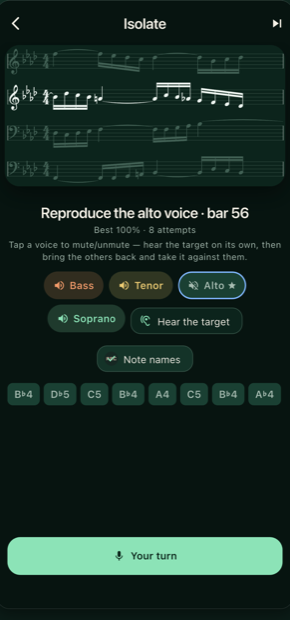 The Isolate exercise: two staves with one voice highlighted, per-voice mute buttons, and a sing button
