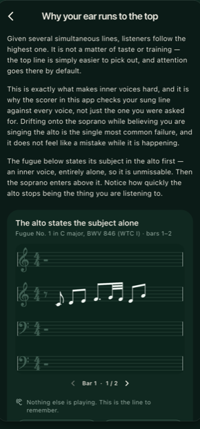The Learn section: a list of theory topics about polyphony
